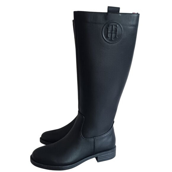 Tommy Hilfiger Women's Rayais Boot Black Knee High Riding‎ Embossed Logo Size 6M - Picture 1 of 13
